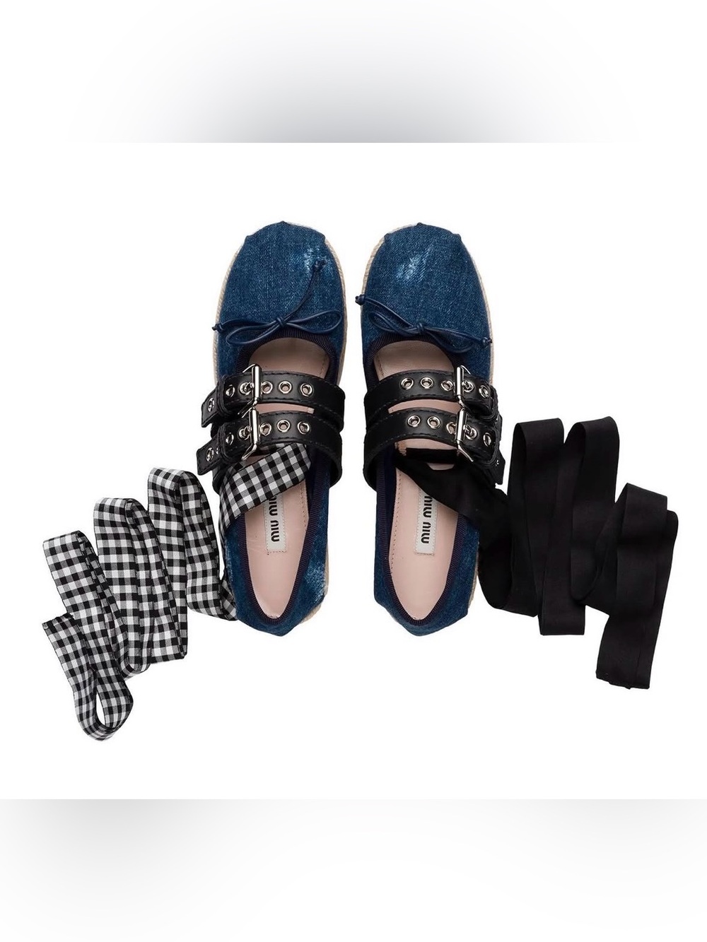 Miu Miu Denim and Black Leather Double-Buckle Ballet Flats - Balletcore!